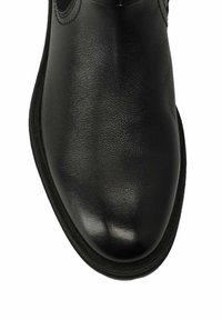 Black leather ankle boot with a rounded toe, smooth texture, and a slight sheen. Features a durable, textured sole.