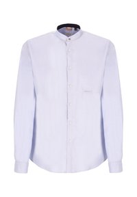 Camicia da uomo a maniche lunghe blu chiaro con colletto alla mandarino, chiusura con bottoni, taschino singolo e orlo curvato.