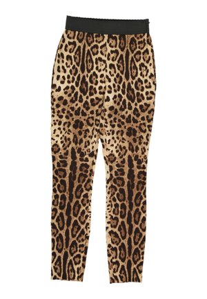 Legginsy w panterkę w brązowych i czarnych odcieniach z jednolitym czarnym elastycznym pasem.