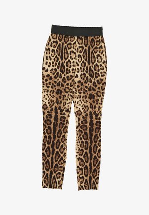 Leggings avec un motif léopard dans des tons marron et noir et une ceinture élastique noire unie.