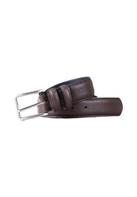Brown leather belt with a textured finish, featuring a silver metal buckle and four holes for adjustment. Flat, wide design.