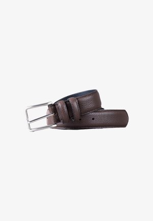 Brown leather belt with a textured finish, featuring a silver metal buckle and four holes for adjustment. Flat, wide design.