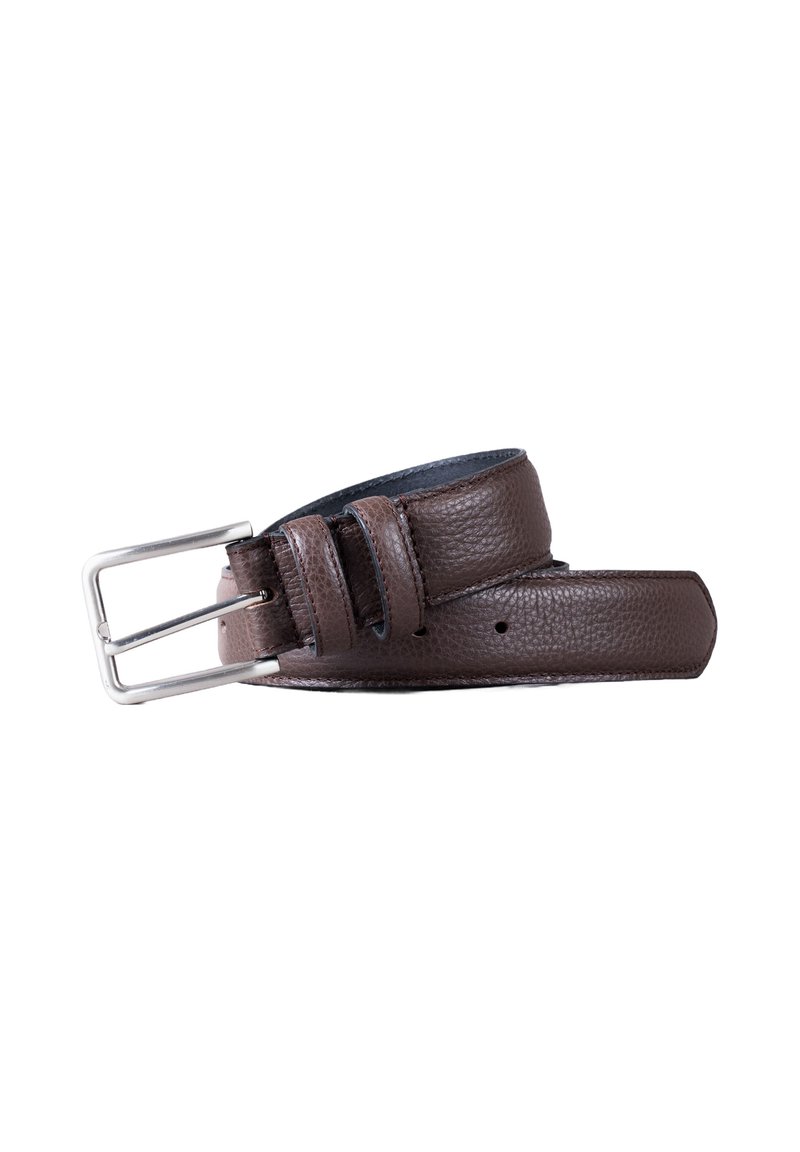 Brown leather belt with a textured finish, featuring a silver metal buckle and four holes for adjustment. Flat, wide design.