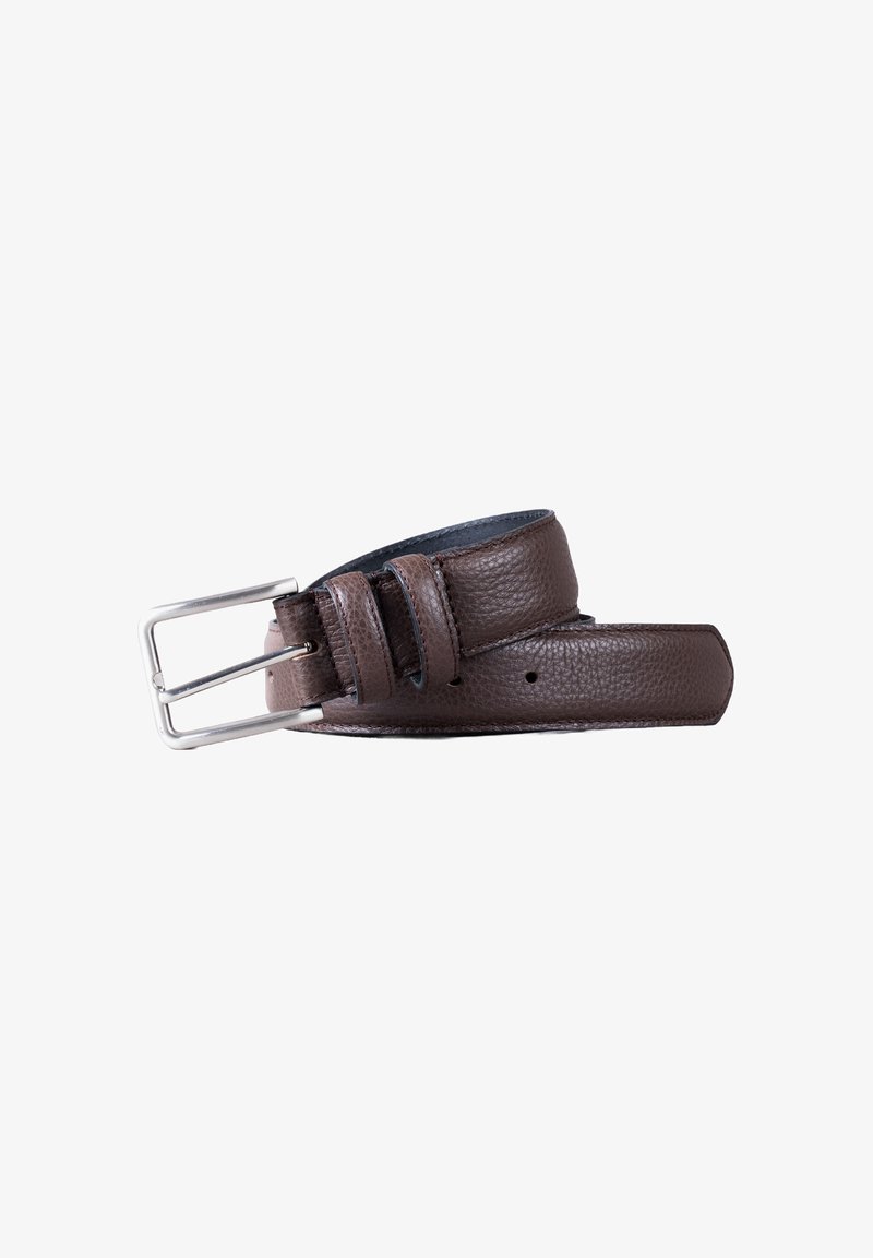 Brown leather belt with a textured finish, featuring a silver metal buckle and four holes for adjustment. Flat, wide design.