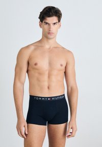 Schwarze Baumwollboxerbriefs mit einem elastischen Bund, der das "TOMMY HILFIGER"-Logo in Weiß und farbigen Akzenten trägt. Keine Muster oder Texturen.
