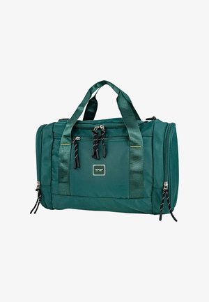 Bolsa de lona verde con asas dobles para llevar, bolsillos frontales con cremallera y tiradores de cremallera negros. Textura suave, forma rectangular.