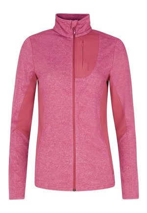Roze vrijetijdjas met ritssluiting van textuurstof met een hoge kraag, voorzien van een contrasterende zak met flap en gladde panelen aan de zijkanten.