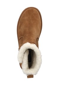 Stivale in suede marrone con morbida fodera in shearling crema e suola in gomma piatta. Design semplice con un'etichetta sul retro per facilitare indossarlo.