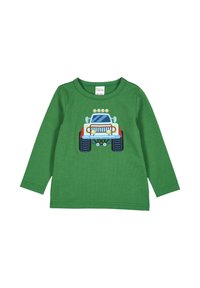 Vihreä pitkähihaisen paidan, jossa on brodeerattu kuorma-auton kuvasto värikkäillä yksityiskohdilla, kuten ajovalot ja suuret renkaat. Puuvillakangasta.