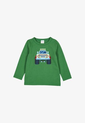 Camicia verde a maniche lunghe con un design di un camion ricamato e accenti colorati, inclusi i fari e grandi pneumatici. Tessuto in cotone.