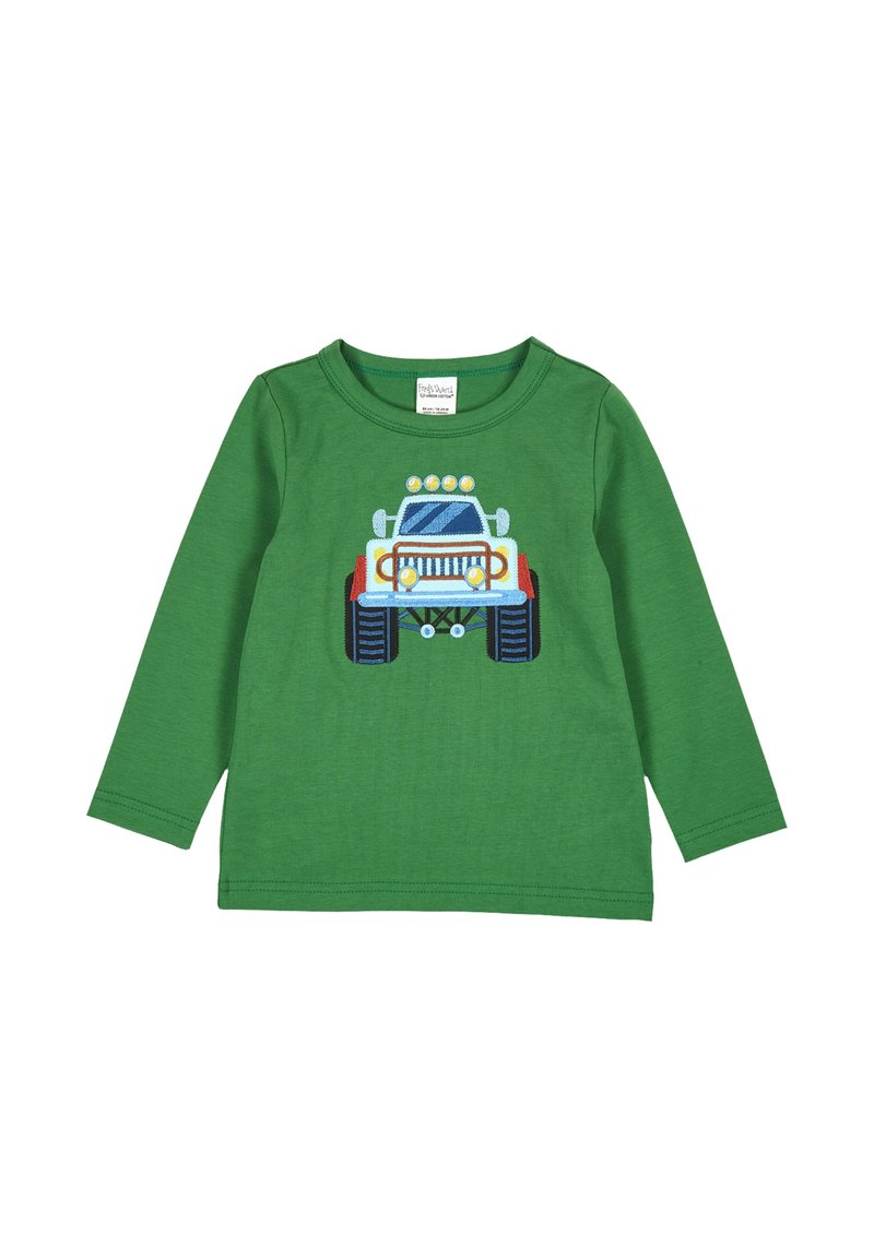 Vihreä pitkähihaisen paidan, jossa on brodeerattu kuorma-auton kuvasto värikkäillä yksityiskohdilla, kuten ajovalot ja suuret renkaat. Puuvillakangasta.
