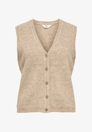 Beige gebreide mouwloze vest met V-hals en vijf knopen aan de voorkant, medium maat, textuur met ribbelpatroon.