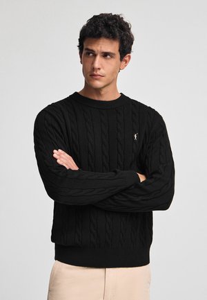 Suéter negro de punto trenzado con un escote redondo y puños y dobladillo acanalados, hecho de un material suave con un pequeño detalle de logo en el pecho.