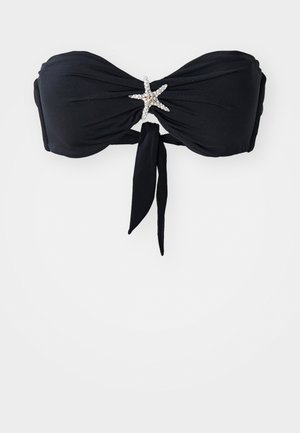 Black bandeau bikini top made of smooth fabric, featuring a central starfish accent embellished with rhinestones and a tied knot detail.