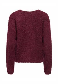 Bordeauxfarbener Pullover mit einer weichen, strukturierten Oberfläche, langen Ärmeln und einem runden Halsausschnitt, der einen lockeren Schnitt und einen geraden Saum aufweist.