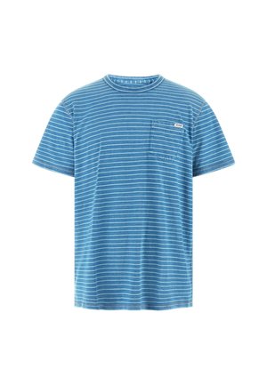 Blue cotton t-shirt with white horizontal stripes, crew neck, short sleeves, and a left chest pocket. Label on pocket reads "Guess."