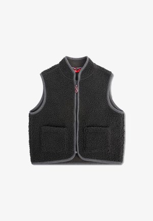 Fleece vest in donkergrijs met twee voorzakken, grijze afwerking en een hoge kraag. Zachte textuur met een ritsluiting.