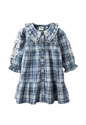 Mėlynos ir baltos plaid stiliaus suknelė kūdikiams su gėlėmis išsiuvinėtu apykakle ir rankovėmis, mygtukais priekyje ir raukšlėta sluoksniuota sijona.