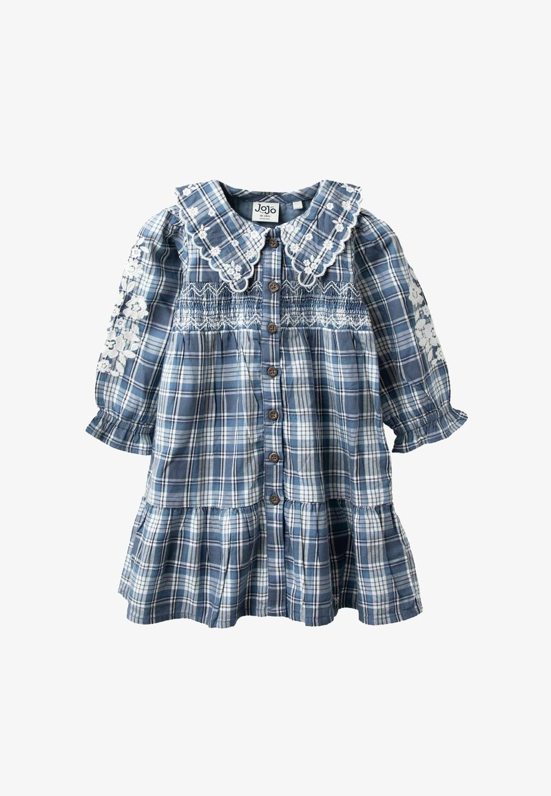 Modra in bela karirana otroška obleka z vezenim cvetličnim ovratnikom in rokavi, gumbi spredaj in nabranim večplastnim krilom.