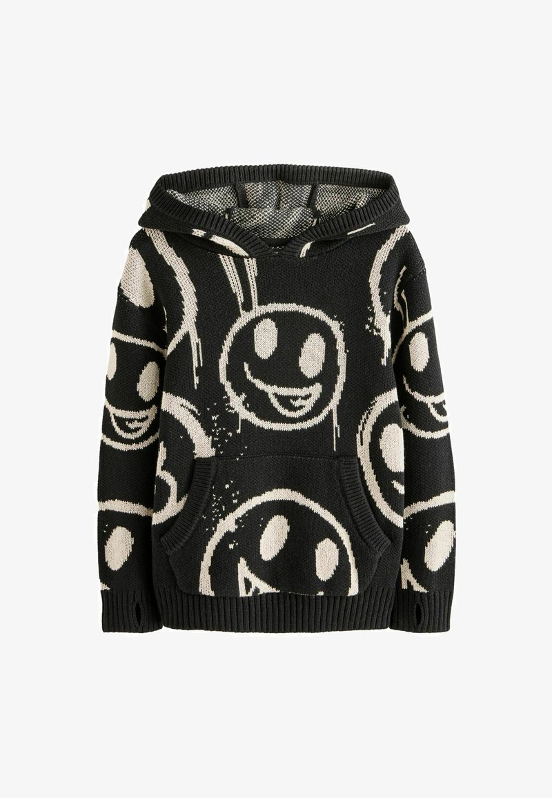 Mustaline fliis, millel on kreemivärvi naeratuse mustrid, soonikust mansetid ja eesmine tasku. Kõrval on tekstitud kapuutsi disain.