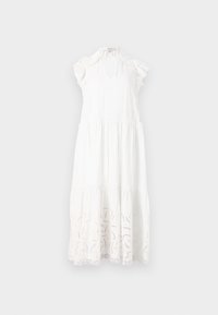 Rochie albă din bumbac cu un design în straturi, detalii ondulate la umeri și modele complicate decupate aproape de tiv.