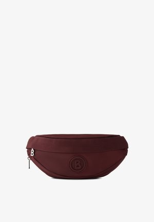 Bordeaux kleurige stoffen heuptas met een ronde vorm. Bevat een opvallend logo, ritsluiting en een rekbare strap voor comfort.
