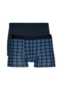 Zwei Paare von Herren-Boxershorts. Eines ist einfarbig navy, das andere hat ein kariertes Muster in Blau, Rot und Schwarz. Weicher Stoff, elastische Bündchen.