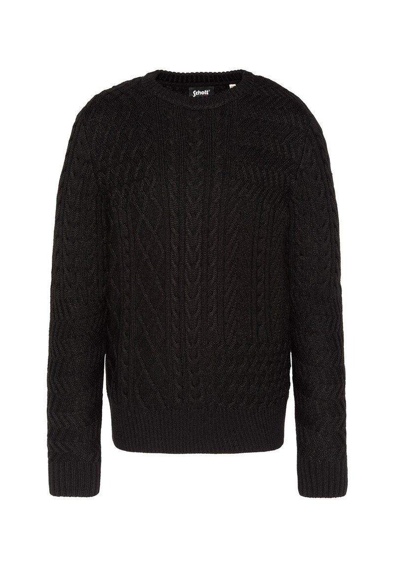Schwarzer Strickpullover mit Rundhalsausschnitt, ausgestattet mit strukturierten Zopfmuster und gerippten Bündchen und Saum. Hergestellt aus weichem Material.