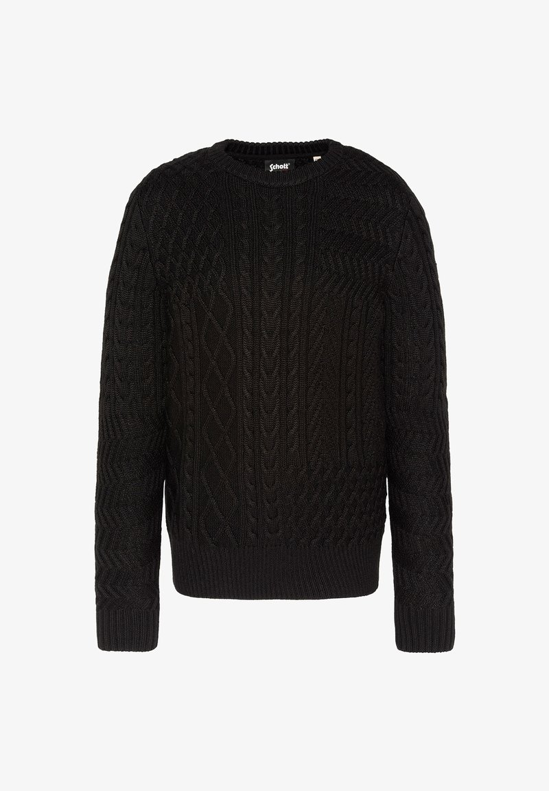Suéter negro de punto con cuello redondo, que presenta patrones de trenzado texturizado y puños y dobladillo acanalados. Fabricado en material suave.
