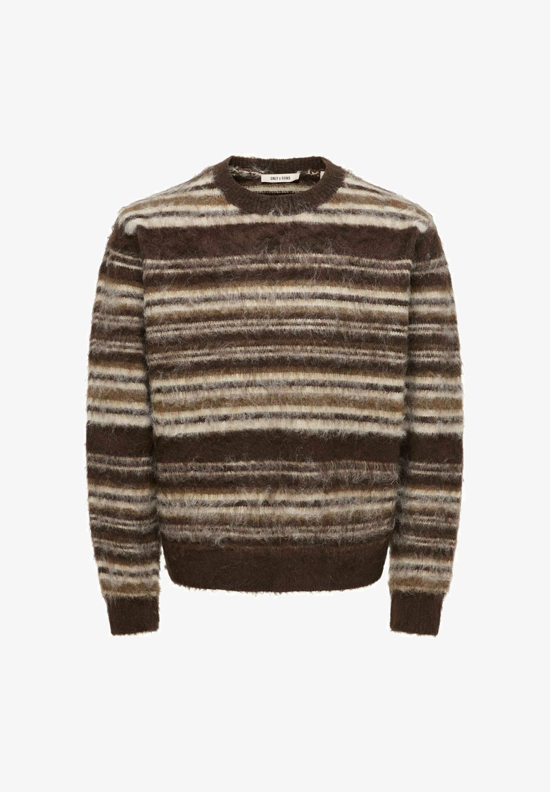Pull en maille duveteuse à manches longues avec des rayures horizontales dans des tons marron, beige et blanc, avec un col rond et des poignets et un bas côtelés.