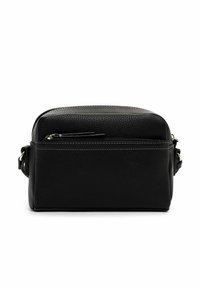 Borsa a tracolla nera in pelle con superficie texturizzata, forma rettangolare, scomparto principale con zip e tasca esterna con zip.