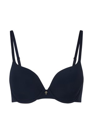 Soutien-gorge matelassé bleu marine avec bretelles ajustables. Présente un subtil emblème doré au centre et une texture lisse et mate. Design classique.