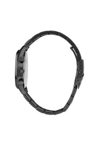 Orologio da polso in metallo nero con quadrante rotondo, tre pulsanti laterali e bracciale a maglie. Il quadrante presenta uno sfondo bianco con accenti rossi.