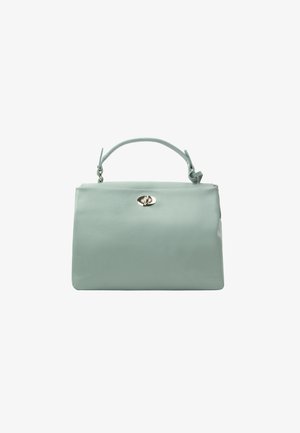 Jasnozielona skórzana torebka o usztywnionym kształcie, z górnym uchwytem i zamknięciem w srebrnym kolorze. Gładka faktura z delikatnym wzorem ziarna.