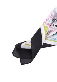 Foulard in seta con motivi floreali e geometrici colorati su sfondo bianco, bordato di nero, con una consistenza liscia e leggera.