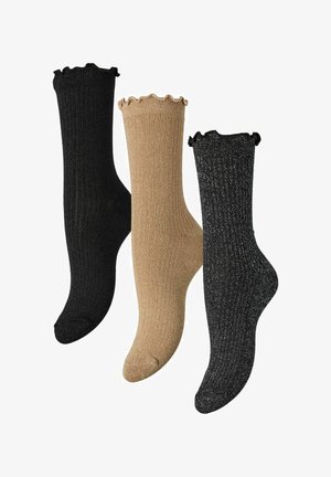 Tre par ribbede sokker i sort, beige og mørkegrå med bølgede kanter og en subtil metallisk glans.