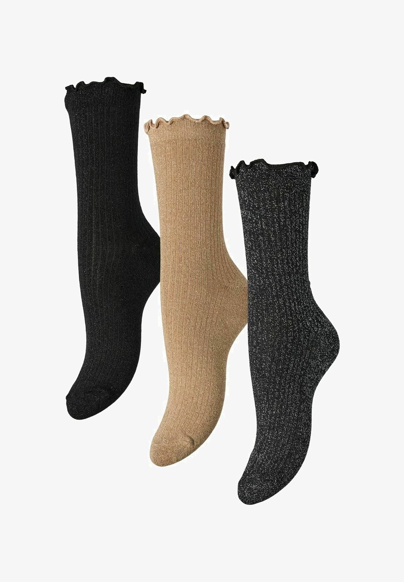 Tre par ribbede sokker i sort, beige og mørkegrå med bølgede kanter og en subtil metallisk glans.
