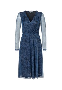 Dunkelblares Wickelkleid mit langen, durchsichtigen Ärmeln. Aufgearbeitet mit floralem Muster in Schwarz, V-Ausschnitt und gerafftem Bund für eine taillierte Silhouette.
