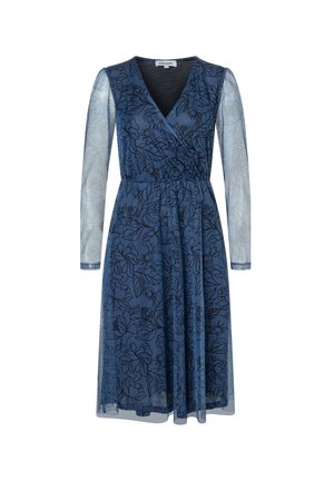Dunkelblares Wickelkleid mit langen, durchsichtigen Ärmeln. Aufgearbeitet mit floralem Muster in Schwarz, V-Ausschnitt und gerafftem Bund für eine taillierte Silhouette.