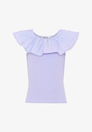 Haut sans manches en tricot côtelé lilas avec un large col bardot à volants, conçu pour une tenue décontractée.