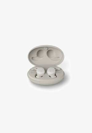 White wireless earbuds in a textured light beige case, open to display two rounded earbuds with minimal design and no visible logos.