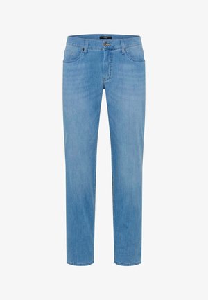 Jeans da uomo in denim azzurro chiaro con chiusura frontale a bottone e cerniera, design a cinque tasche e taglio a gamba dritta.