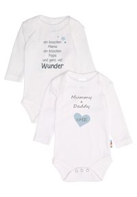 White cotton bodysuits featuring texts in gray and blue, with long sleeves, round necklines, and snap closures at the bottom.