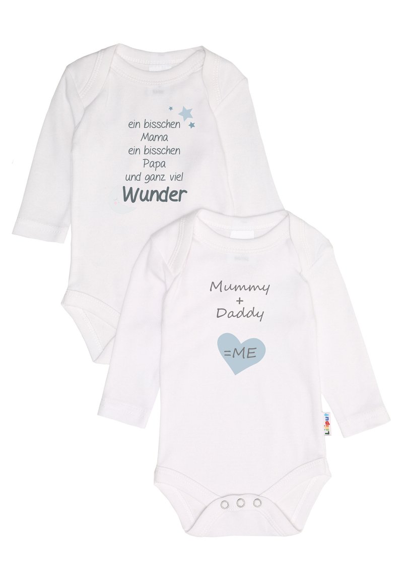 White cotton bodysuits featuring texts in gray and blue, with long sleeves, round necklines, and snap closures at the bottom.