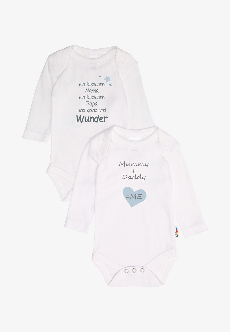 Weiße Baumwollbodysuits mit grauem und blauen Text, langen Ärmeln, runden Ausschnitten und Druckknöpfen am unteren Ende.