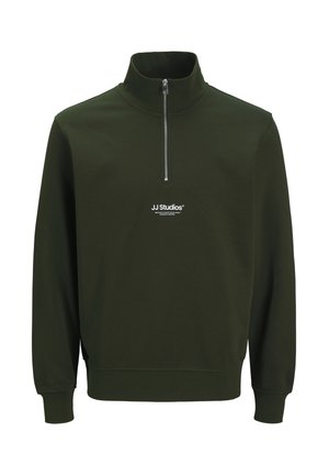 Dark green quarter-zip sweatshirt with high collar and white "JJ Studios" logo centered below zipper on the front.