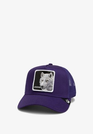 Purple trucker hat with a mesh back. Features an embroidered wolf design on the front and the word "LEGEND" below.