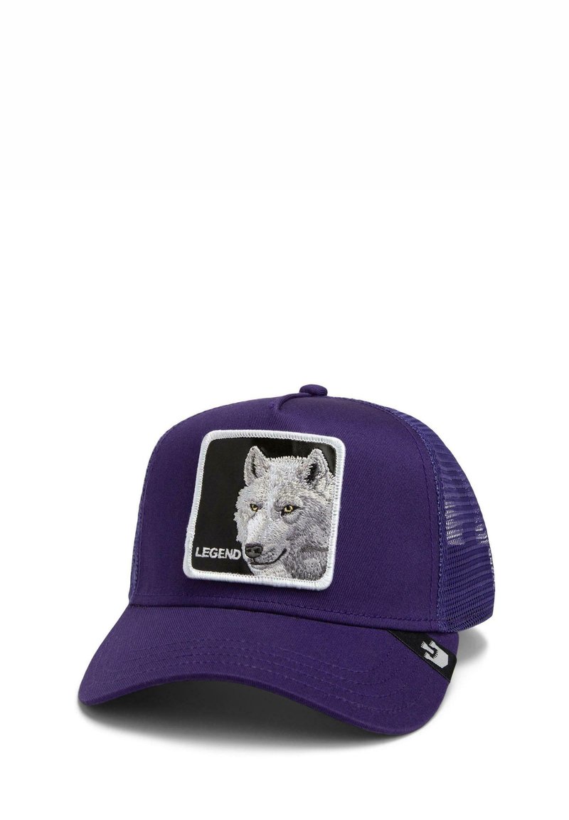 Purple trucker hat with a mesh back. Features an embroidered wolf design on the front and the word "LEGEND" below.
