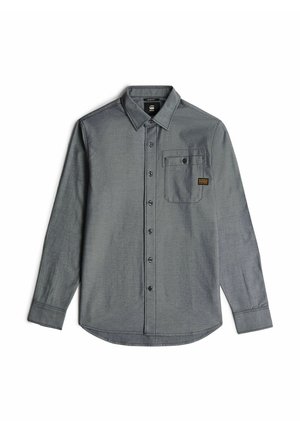 Gray long-sleeve button-up shirt with a pocket, collar, and black buttons. Features a woven texture and small brand label on the pocket.