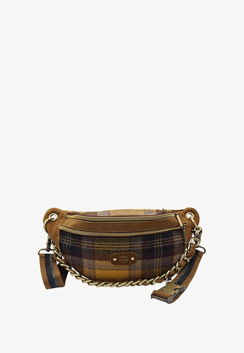 Sac à main en écossais marron avec une texture en nubuck et un accent en chaîne métallique. Comprend des compartiments à double fermeture éclair et une bandoulière amovible.